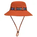 Detail of orange wide-brim sun hat featuring colorful ethnic band and adjustable chin strap - M(56-58cm) / Orange