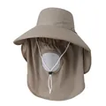 Detail of khaki outdoor sun hat with wide brim, breathable face mask and neck protection - M / Khaki