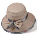 Detail of khaki wide-brim sun hat with checkered ribbon and bow for women - M (56-58cm) / Khaki