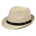 Sombrero fedora clásico de paja beige con cinta de cuero sintético negro y hebilla de plata - Talla Adulto (56-58cm) / Beige