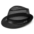 Breathable black mesh fedora hat for men with decorative band for summer sun protection - M / Black