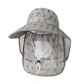 Detail view of large brim sun hat with mesh face cover and floral pattern texture - M / Gray