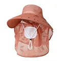 Detail of sun hat showing peach mesh fabric with delicate rose embroidery and face shield - M(56-58cm) / Orange