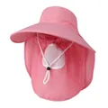 Detail of pink sun hat with wide brim, neck flap, and breathable mesh face mask - M / Pink