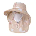 Detail view of the breathable mesh face mask and floral sun hat with adjustable wind cord - M (56-58cm) / Khaki