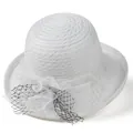 Detail of elegant white organza sun hat with mesh flower and black diamond patterns - M (56-58cm) / White