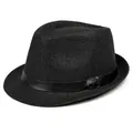 Detalle de sombrero fedora de paja negra con textura tejida fina y banda de cuero - Talla Adulto (56-58cm) / Negro