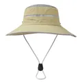 Detail of outdoor sun hat featuring khaki wide brim and grey breathable mesh panels - M (56-58cm) / Khaki