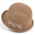 Elegant brown woven straw cloche hat with white pearl flower accents and beaded chain - Khaki
