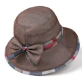 Eleganter brauner Leinen-Sonnenhut für Damen mit kariertem Band und seitlicher Schleife - M (56-58cm) / Kaffeebraun