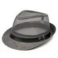 Grey breathable mesh fedora hat for senior men with black leather band and silver buckle - M / Gray