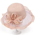 Elegant peach pink wide brim lace sun hat with large bow and pearl accents for women - M(56-58cm) / Pink