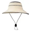Detail of outdoor sun hat featuring breathable grey mesh band and adjustable wind rope - M (56-58cm) / Beige