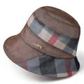 Women wide brim sun hat with brown woven texture and plaid ribbon decoration - M (56-58cm) / Coffee