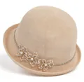 Detailed weave texture of beige sun hat with handmade pearls and rhinestone trim - Beige