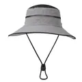Detail of grey and black outdoor sun hat featuring breathable mesh crown and chin strap - M (56-58cm) / Gray