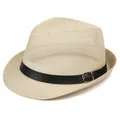 Men's breathable mesh straw fedora hat with black band and silver buckle in beige - M / Beige