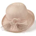 Detailed close-up of elegant champagne pink organza sun hat with mesh flower and veil - M (56-58cm) / Khaki