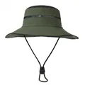 Detail view of army green sun hat showing black mesh vent and adjustable wind cord - M (56-58cm) / Army Green