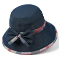 Eleganter dunkelblauer Sonnenhut für Damen mit karierter Schleife und atmungsaktivem Stoff - M (56-58cm) / Marineblau