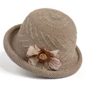 Detailed view of women's khaki knit cloche hat with floral ribbon and textured crochet pattern - M / Khaki