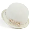 Elegant white woven cloche hat for women with pearl floral accents and curved brim - White