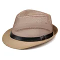Detailed macro of the breathable mesh weave and leather strap on a khaki fedora hat - M / Khaki