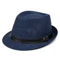 Detalle de sombrero fedora de paja azul marino con banda de cuero y hebilla - Azul marino
