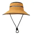 Detail of breathable black mesh band and adjustable chin strap on mustard sun hat - M (56-58cm) / Yellow