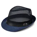 Men's breathable mesh fedora sun hat with straw brim and leather band detailing - M / Navy Blue