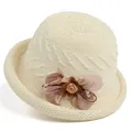 Detail of beige knitted sun hat showing elegant mesh texture and 3D floral decoration - M / Off White