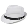 Close-up of white mesh fedora hat featuring a black faux leather band and silver buckle - M / White