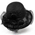 Elegant black sun hat with lace mesh, decorative bow and beads on a white display stand - M(56-58cm) / Black
