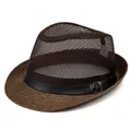Detail of breathable mesh crown and woven straw brim on dark brown fedora hat - M / Coffee