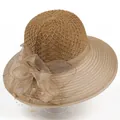 Elegant wide brim straw sun hat with mesh bow and pearls for women in khaki - M (56-58cm) / Khaki