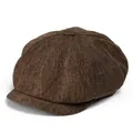 Dettaglio di un berretto newsboy in lino marrone con trama intrecciata e bottone - M / caffè