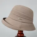 Khaki wool bucket hat with elegant side pleats and rhinestone metal music logo - M (56-58cm) / Khaki