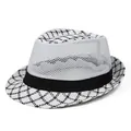 Detail showing white mesh breathable fabric and houndstooth pattern on men's straw fedora - M / White