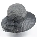 Detail of grey mesh sun hat with a large plaid veil bow and elegant pearl accents - M (56-58cm) / Dark Gray