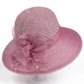 Detailed texture of rose pink sun hat with organza floral accent and pearl charm decoration - M (56-58cm) / Mauve