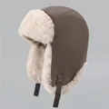Detailed view of winter aviator hat with dark brown leather and thick white faux fur lining - Khaki