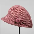 Detail of red plaid wool bucket hat with decorative bow and plush pink pom-pom ornament - M (56-58cm) / Dusty Rose