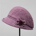 Detail of purple houndstooth wool bucket hat with decorative bow and pom-pom accent - M (56-58cm) / Purple