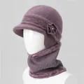 Detailed texture of purple wool blend knit winter hat and neck warmer with floral accent - Taro Purple (Hat And Snood)