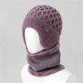 Detail of purple knit hat set with honeycomb pattern and soft faux fur lining - Taro Purple (Hat And Snood)
