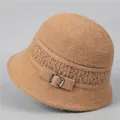 Winter warm knitted bucket hat for elderly women with metal buckle and wool texture - M / Khaki