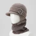 Detail of warm winter knit hat and scarf set with fleece lining and floral accent - Khaki (Hat And Snood)