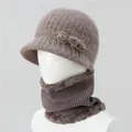 Close-up of winter knit hat and neck warmer with plush lining and pearl bow detail - Hat And Neck Warmer / Khaki