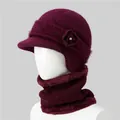 Detail of burgundy rabbit fur knit hat and scarf set with floral rhinestone accents - Wine Red (Hat And Snood)