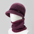 Conjunto de gorro de punto morado para mujer y bufanda gruesa forrada de piel sintética - Sombrero Y Calentador De Cuello / Malva